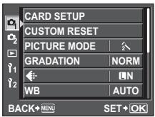 CARD SETUP CUSTOM RESET PICTURE MODE GRADATION NORM WB AUTO BACK→MEN SET→OK