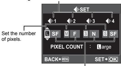 SET Set the number of pixels. L SF M F S N S SF PIXEL COUNT : Large BACK+ MENU SET+ OK