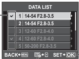 DATA LIST 1 | 14-54 F2.8-3.5 2 | 14-54 F2.8-3.5 3 | 12-60 F2.8-4.0 4 | 12-60 F2.8-4.0 5 | 50-200 F2.8-3.5 BACK+MENU SET+OK