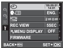 '09.09.01 14:01 ENG. REC VIEW 5SEC MENU DISPLAY OFF FIRMWARE BACK+MENU SET+OK
