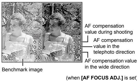 Benchmark image (1:52) + 2 T + 2 W ± 0 2.0x 33 (1:52) + 1 T + 1 W ± 0 54 AF compensation value during shooting AF compensation value in the telephoto direction AF compensation value in the wide direction (when [AF FOCUS ADJ.] is set)