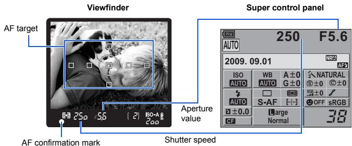 Viewfinder AF target 250 -56 [2] ISO-A Aperture value AF confirmation mark Shutter speed Super control panel 250 F5.6 AUTO 2009.09.01 NRA ISO WB A ± 0 AUTO AUTO G ± 0 AUTO S-AF ± 0.0 Large CF Normal 38 AF NATURAL ± 0 RGS ± 0 OFF sRGB