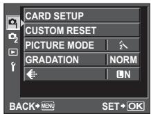 CARD SETUP CUSTOM RESET PICTURE MODE GRADATION NORM BACK+MENU SET+OK