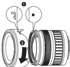 Diagram of a camera lens assembly with numbered parts and directional arrows indicating components