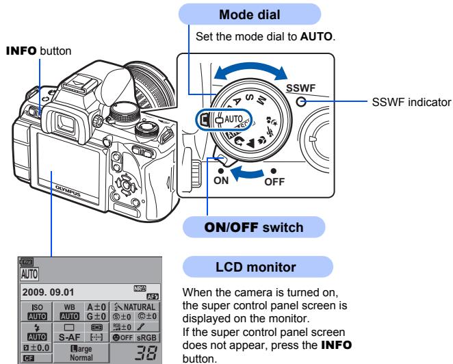 INFO button Mode dial Set the mode dial to AUTO. SSWF SSWF indicator ON/OFF switch LCD monitor 2009.09.01 ISO WB A±0 N/A AUTO G±0 N/NATURAL S-AF S±0 ±0.0 ±0.0 Large Normal 38 If the super control panel screen does not appear, press the INFO button.