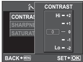 CONTRAST SHARPNE SATURAT Hi = +2 = +1 0 - 0 =-1 Lo = -2 BACK+MENU SET+OK