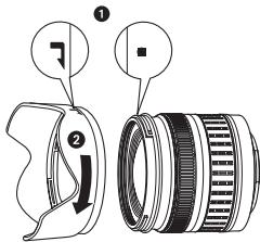 Diagram showing a camera lens assembly with labeled parts and directional arrows indicating components.