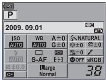 2009.09.01 ISO WB A ± 0 N/A NATURAL AUTO AUTO G ± 0 ± 0 AUTO □ E=± R# ± 0 / S-AF √ OFF sRGB ± 0.0 Large 38 CF Normal
