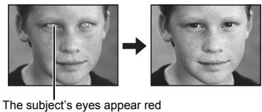 The subject's eyes appear red