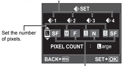 SET Set the number of pixels. L SF M F S N S SF PIXEL COUNT : Large BACK→MENU SET→OK