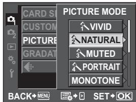 CARD SI CUSTOM PICTURE GRADAT PICTURE MODE VIVID 2 NATURAL 3 MUTED 4 PORTRAIT MONOTONE BACK→MENU → SET→OK