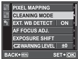 PIXEL MAPPING CLEANING MODE EXT. WB DETECT ON AF FOCUS ADJ. EXPOSURE SHIFT WARNING LEVEL ±0 BACK→MENU SET→OK