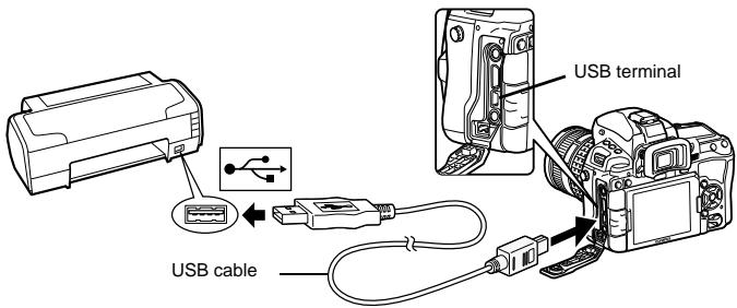 OLYMPUS E-5 - Turn the printer on and connect the camera's USB terminal to the printer's USB port with the USB cable. - 1