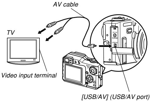 CASIO EX-P600 - Connect one end the AV cable that comes with the camera to the camera's [USB/AV] port, and the other end to the video input terminal of the TV. - 1