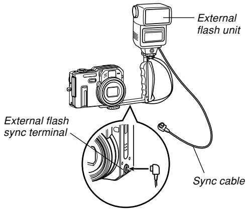 CASIO EX-P600 - Attach the flash unit's sync cable to the camera's external flash sync terminal. - 1