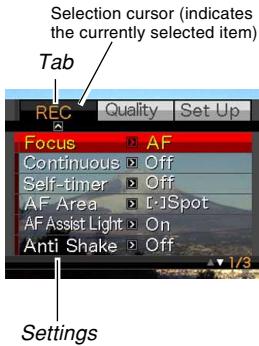 Selection cursor (indicates the currently selected item) Tab REC Quality Set Up Focus AF Continuous Off Self-timer Off AF Area [1]Spot AF Assist Light On Anti Shake Off Settings
