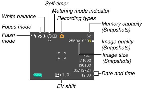 Self-timer White balance Focus mode Flash mode 2s Metering mode indicator Recording types Memory capacity (Snapshots) 62 2560x1920N Image quality (Snapshots) Image size (Snapshots) 1/1000 ISO100 05/12/24 12:38 Date and time +1.0 EV shift