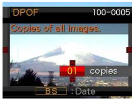 DPOF 100-0005 Copies of all images. 01 copies BS : Date