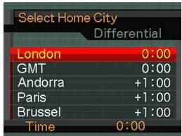 Select Home City Differential London 0:00 GMT 0:00 Andorra +1:00 Paris +1:00 Brussel +1:00 Time 0:00