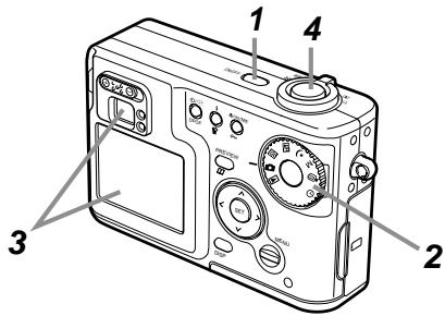 Diagram of a digital camera with labeled parts including control knobs, dials, and buttons