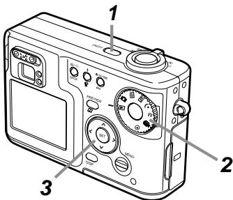 Diagram of a digital camera with labeled parts including buttons, dials, and control knobs