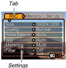 Tab REC > Memory Set Up Size 1600x1200 Quality Normal White Balance Auto ISO Auto Metering Multi Filter Off Settings