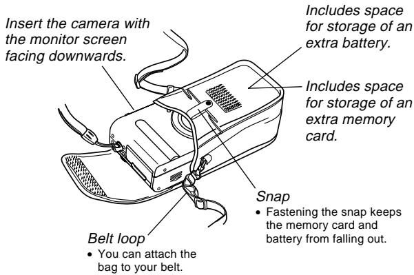 Insert the camera with the monitor screen facing downwards. Includes space for storage of an extra battery. Includes space for storage of an extra memory card. Snap • Fastening the snap keeps the memory card and battery from falling out. Belt loop • You can attach the bag to your belt.