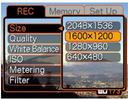 REC Size Quality White Balance ISO Metering Filter 2048×1536 1600×1200 1280×960 640×480