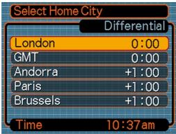 Select Home City Differential London 0:00 GMT 0:00 Andorra +1:00 Paris +1:00 Brussels +1:00 Time 10:37am