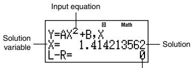 Input equation Solution variable — Y=AX²+B,X X= 1.414213562 L-R= 0 Math Solution