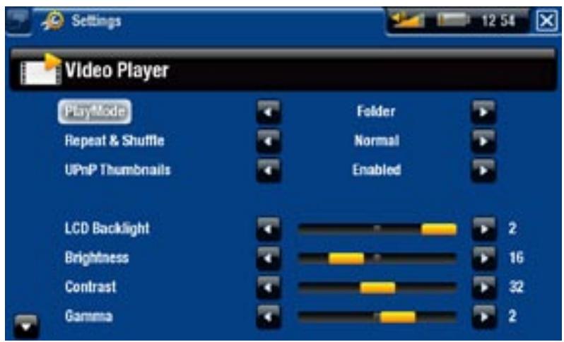 Settings 12 54 Video Player PlayMode Repeat & Shuffle UPnP Thumbnails Folder Normal Enabled LCD Backlight Brightness Contrast Gamma 2 16 32 2