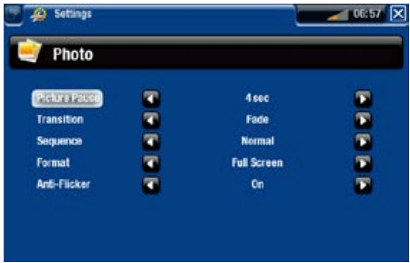 Settings Photo Picture Pause Transition Sequence Format Anti-Flicker 4 sec Fade Normal Full Screen On