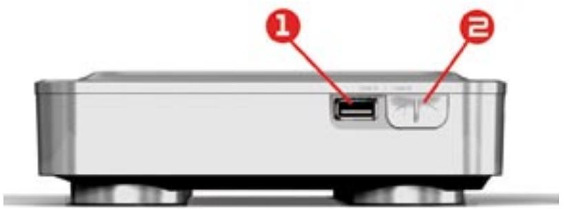 Diagram of a device rear panel with labeled ports and connectors, marked with red numbers 1 and 2.