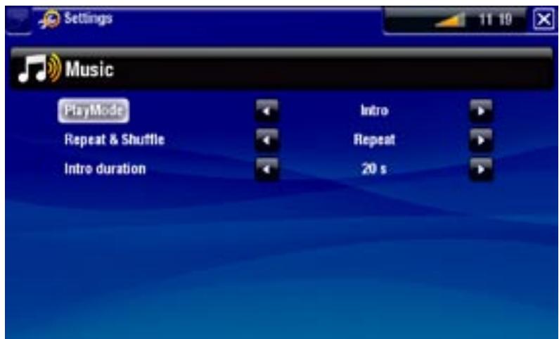Settings Music PlayMode Repeat & Shuffle Intro duration Intro Repeat 20 s