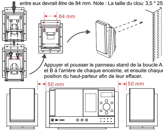 entre eux devrait être de 84 mm. Note : La taille du clou: 3,5 * 25 84 mm Appuyer et pousser le panneau stand de la boucle A et B à l'arrière de chaque enceinte, et ensuite chaque position du haut-parleur afin de leur effacer. 50 mm 50 mm