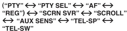 "PTY" ↔ "PTY SEL" ↔ "AF" ↔ "REG") ↔ "SCRN SVR" ↔ "SCROLL" ↔ "AUX SENS" ↔ "TEL-SP" ↔ "TEL-SW"