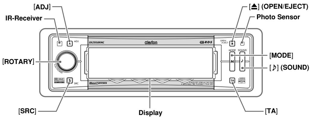 [ADJ] IR-Receiver [ROTARY] [SRC] DXZ958RMC Clarion R-D-S OPEN /ERCT MODE M SOUND [MODE] [♪] (SOUND) TA Display [TSR] [TA] [▲] (OPEN/EJECT) Photo Sensor