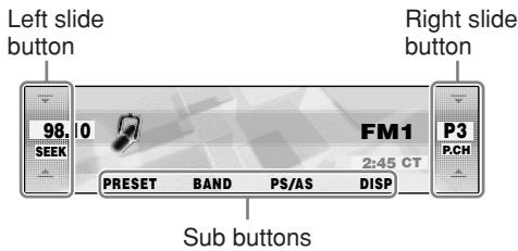 Left slide button 98.0 SEEK PRESET BAND PS/AS DISP FM1 2:45 CT P3 P.CH Right slide button Sub buttons