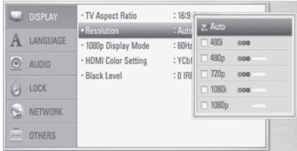 ONKYO BD-SP308 - Use ▲/▼ to select the “Resolution” option then press ENTER (◎) to move to the third level. - 1