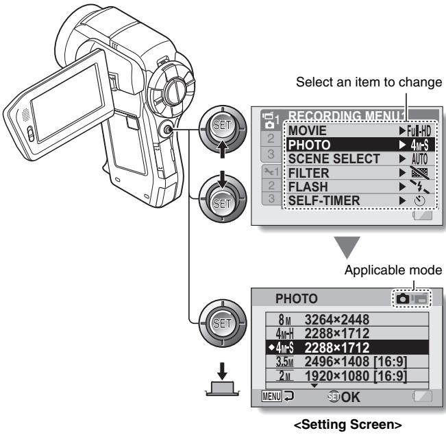 SANYO VPC-HD1000 - Toggle the SET button up or down to select the item you wish to change, and press the SET button. - 1