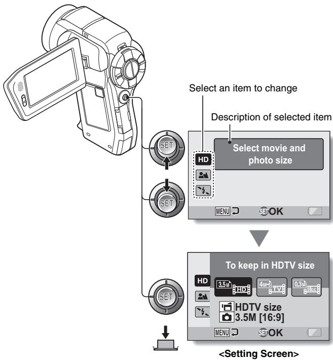 SANYO VPC-HD1000 - Toggle the SET button up or down to select the item you wish to change, and press the SET button. - 1