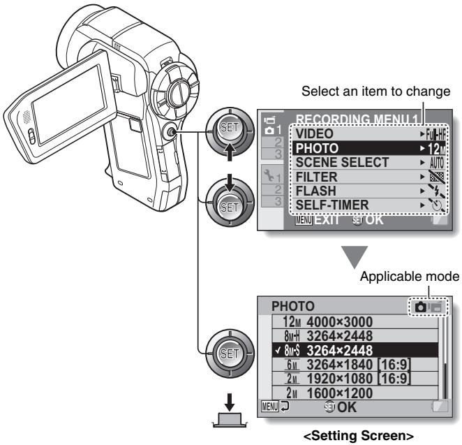 SANYO VPC-HD2000GX - Toggle the SET button up or down to select the item you wish to change, and press the SET button. - 1
