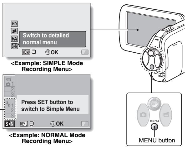 SANYO VPC-SH1R - Accessing/exitting the SIMPLE/NORMAL Mode Menu Screen - 1