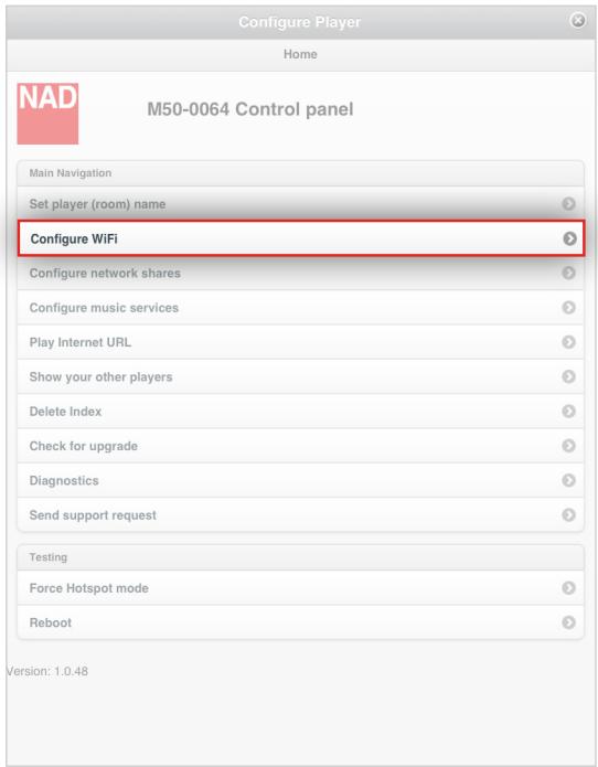 NAD M50 - Select "Configure WiFi". - 1