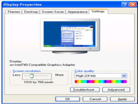Display Properties Themes Desktop Screen Saver Appearance Settings Display: on Intel740 Compatible Graphics Adapter Screen resolution More Less 1024 by 768 pixels Color quality High (24 bit) Troubleshoot... Advanced OK Cancel Apply
