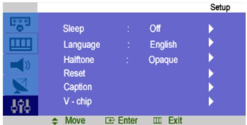 Setup Sleep : Off Language : English Halftone : Opaque Reset Caption V - chip Move Enter Exit