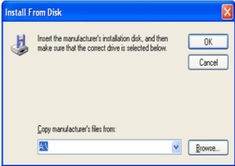 Install From Disk Insert the manufacturer's installation disk, and then make sure that the correct drive is selected below. OK Cancel Copy manufacturer's files from: Browse...