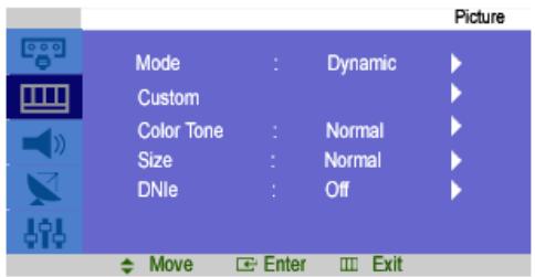 Picture Mode : Dynamic Custom Color Tone : Normal Size : Normal DNle : Off Move Enter Exit