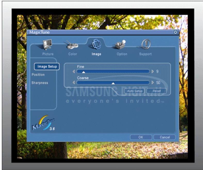MagicTune Picture Color Image Option Support Image Setup Position Sharpness Fine 9 Coarse 50 Auto Setup Reset everyone's invited™ 3.6 OK Cancel