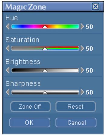 Magic Zone Hue 50 Saturation 50 Brightness 50 Sharpness 50 Zone Off Reset OK Cancel